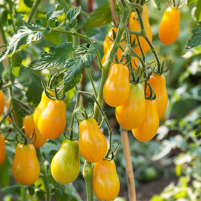 Plants de tomates Yellow Pear en pleine croissance dans un jardin bio, fruits jaunes en forme de poire